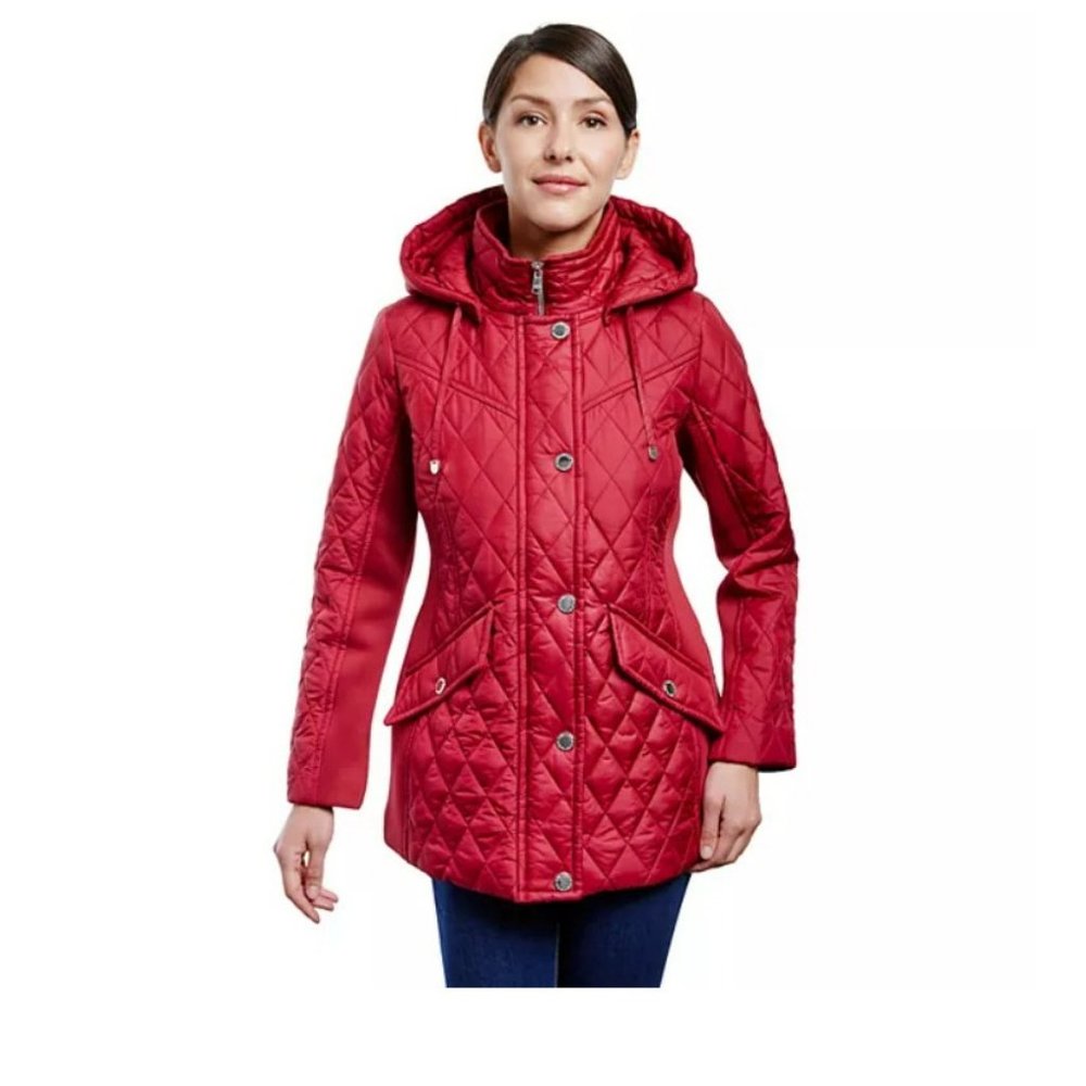 Women's London Fog Hooded Side-Stretch Quilted Jacket Size XXL Chili Red